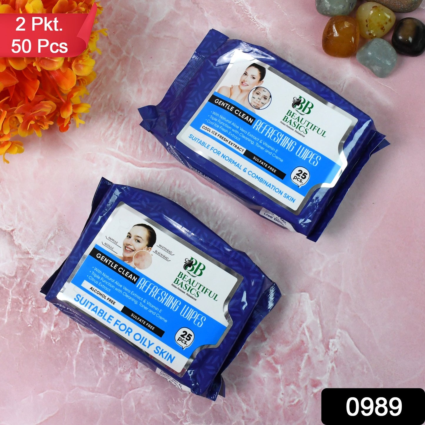 Beautiful Basics Normal Oily Skin Face Wipes (2 Pkts X 50 Pcs Wipes)